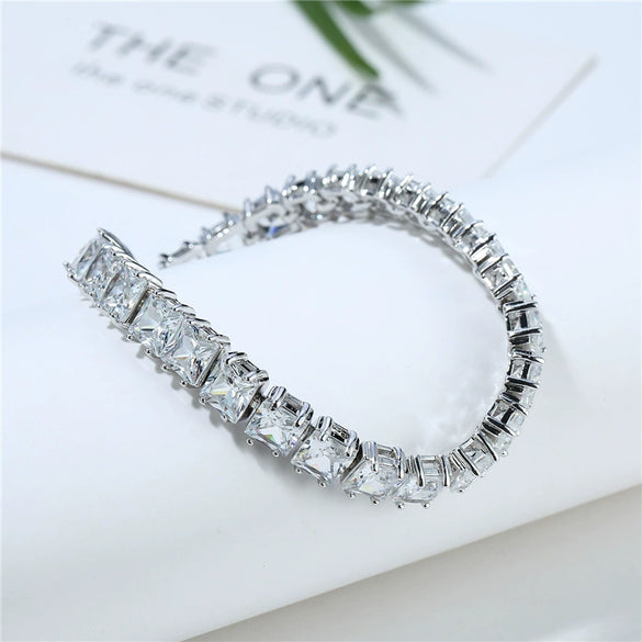 Women's Copper Platinum Plated Geometric Square Zirconia Bracelet And Anklet Fashion Jewelry