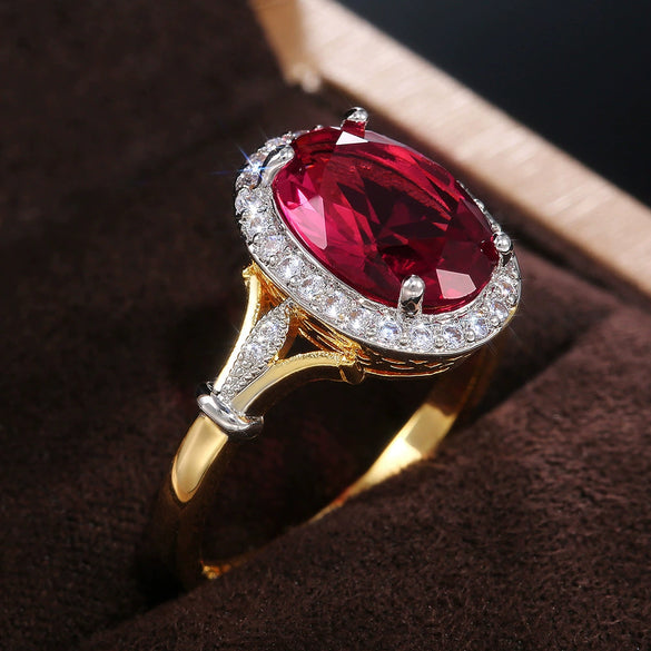 Women's Copper Pomegranate Red Zircon Two Color Geometric Inlaid Ring