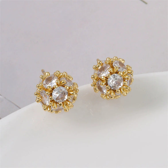 Women's Copper Real Gold Electroplated Heart Shape Ice Flower Ball Earrings With Polish Design