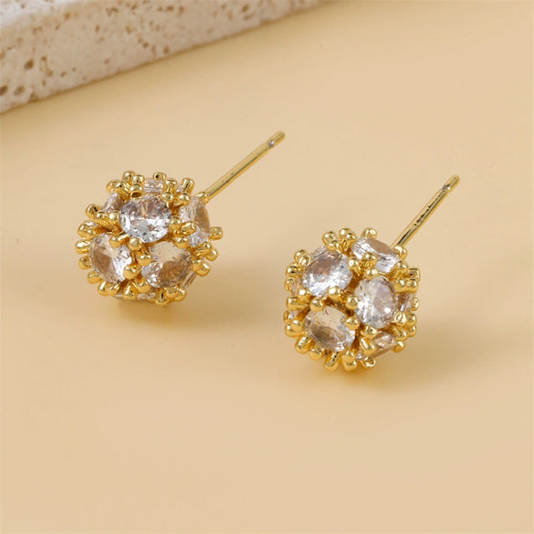 Women's Copper Real Gold Electroplated Heart Shape Ice Flower Ball Earrings With Polish Design