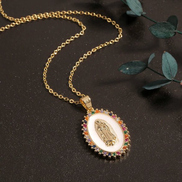 Women's Copper Religious Pendant Necklace With Colored Zircon And Drip Glaze Virgin Mary Design O Chain Jewelry Accessory