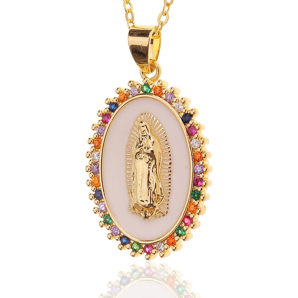 Women's Copper Religious Pendant Necklace With Colored Zircon And Drip Glaze Virgin Mary Design O Chain Jewelry Accessory