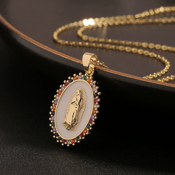 Women's Copper Religious Pendant Necklace With Colored Zircon And Drip Glaze Virgin Mary Design O Chain Jewelry Accessory
