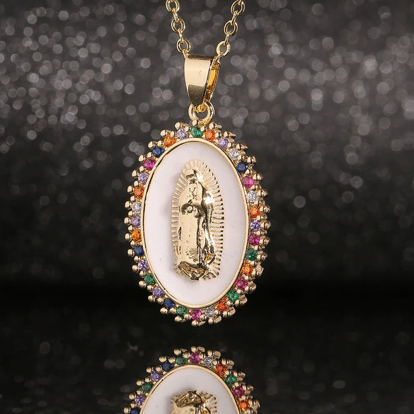 Women's Copper Religious Pendant Necklace With Colored Zircon And Drip Glaze Virgin Mary Design O Chain Jewelry Accessory