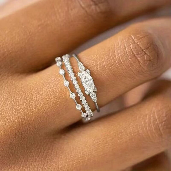 Women's Copper Ring Set With Geometric Style And Zircon Inlay