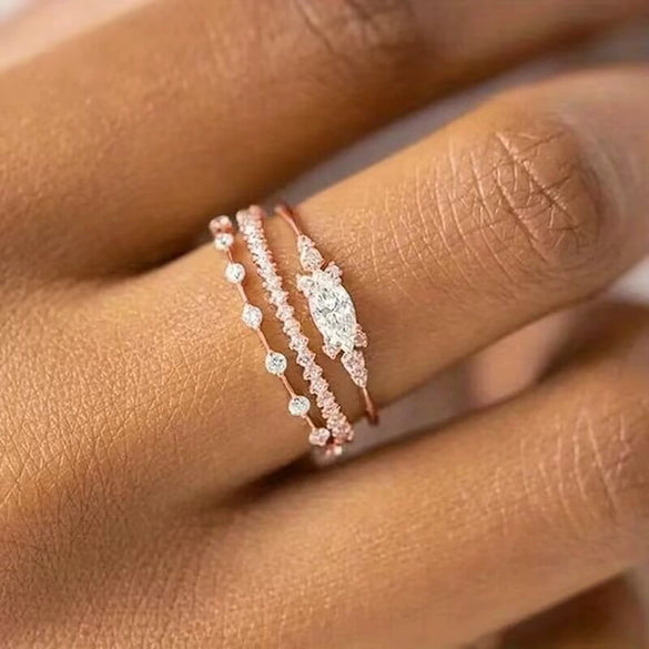 Women's Copper Ring Set With Geometric Style And Zircon Inlay