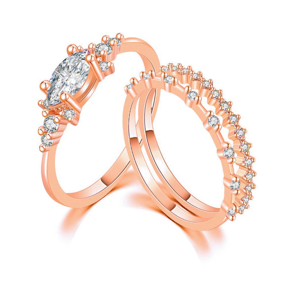 Women's Copper Ring Set With Geometric Style And Zircon Inlay