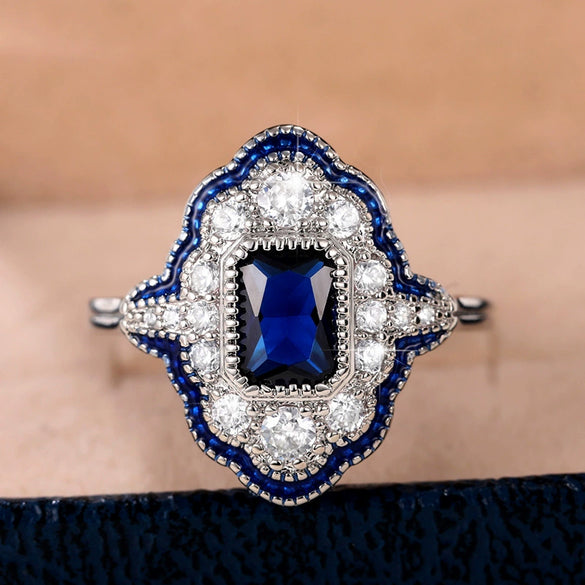 Women's Copper Ring With Peacock Blue Color Oil Dripping Drawing Design Lace Hollow Thin Crown Geometric Pattern Inlaid Zircon British Retro Style