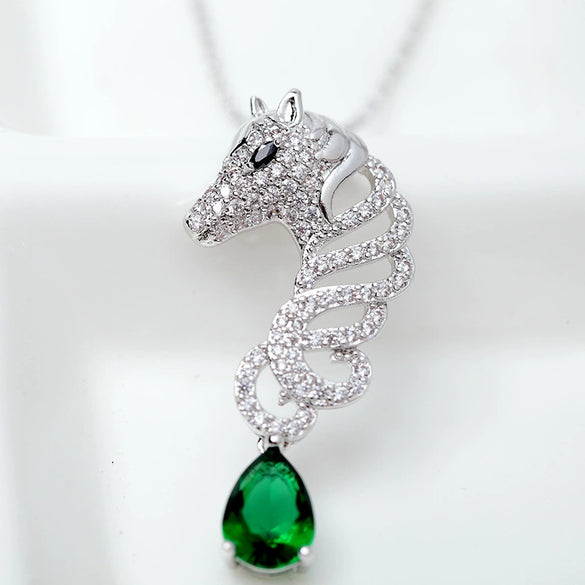 Women's Copper Seahorse Pendant Necklace With Zircon Inlay And Electroplated Finish Animal Jewelry