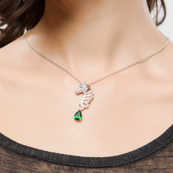 Women's Copper Seahorse Pendant Necklace With Zircon Inlay And Electroplated Finish Animal Jewelry