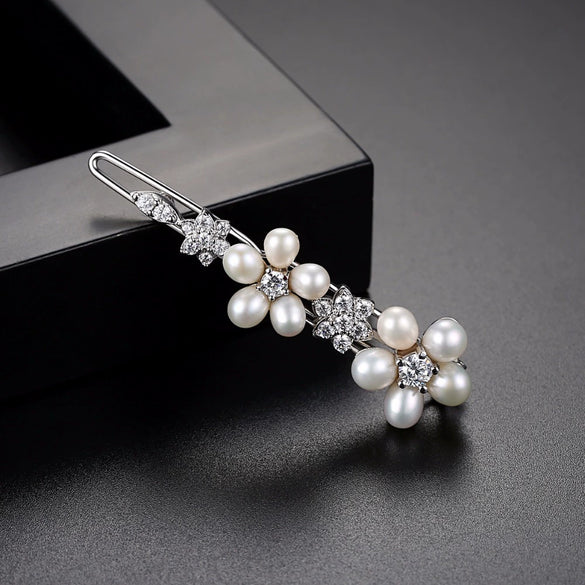 Women’s Copper Side Hair Clip With Freshwater Pearls Zircon Flower Design New Chinese Style