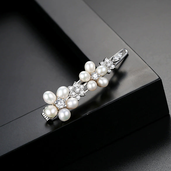 Women’s Copper Side Hair Clip With Freshwater Pearls Zircon Flower Design New Chinese Style