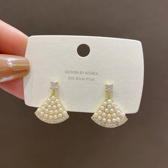 Women's Copper 925 Silver Needle Real Gold Plated Geometric Earrings With Zircon And Pearl