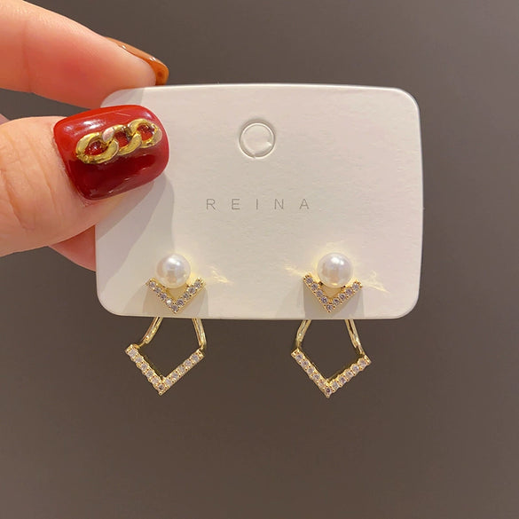 Women's Copper 925 Silver Needle Real Gold Plated Geometric Earrings With Zircon And Pearl