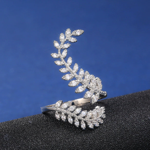 Women's Copper Silverplated Zircon Plant Leaf Ring Jewelry
