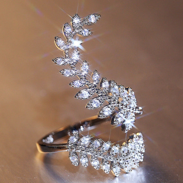 Women's Copper Silverplated Zircon Plant Leaf Ring Jewelry