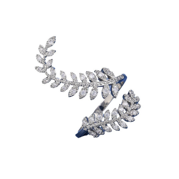 Women's Copper Silverplated Zircon Plant Leaf Ring Jewelry