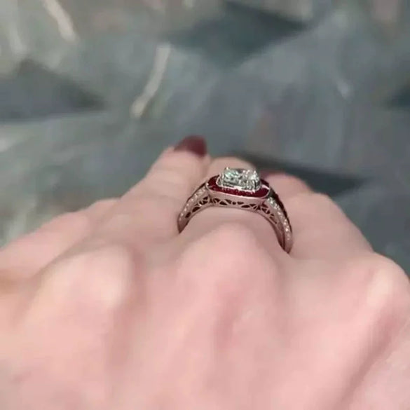 Women's Copper Simulation Red Corundum Zircon Ring With Geometric Style