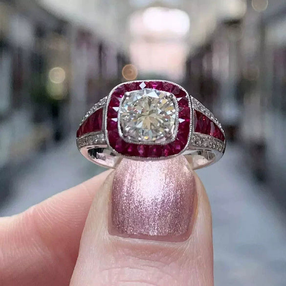 Women's Copper Simulation Red Corundum Zircon Ring With Geometric Style