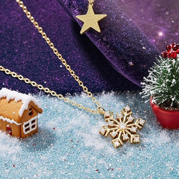Women's Copper Snowflake Necklace With Zirconia Inlay Geometric Pendant And Oshaped Chain For Festive Winter Style