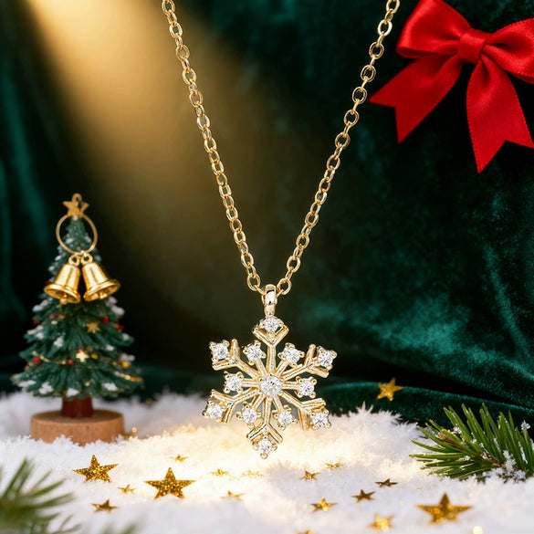 Women's Copper Snowflake Necklace With Zirconia Inlay Geometric Pendant And Oshaped Chain For Festive Winter Style
