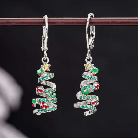 Women's Copper Spiral Christmas Tree Earrings With Star And Oilpainted Ball Details Festive Holiday Jewelry