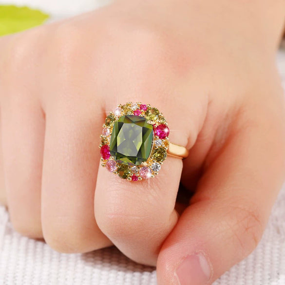 Women's Copper Square Vintage Ring With Geometric Pattern And Zircon Design