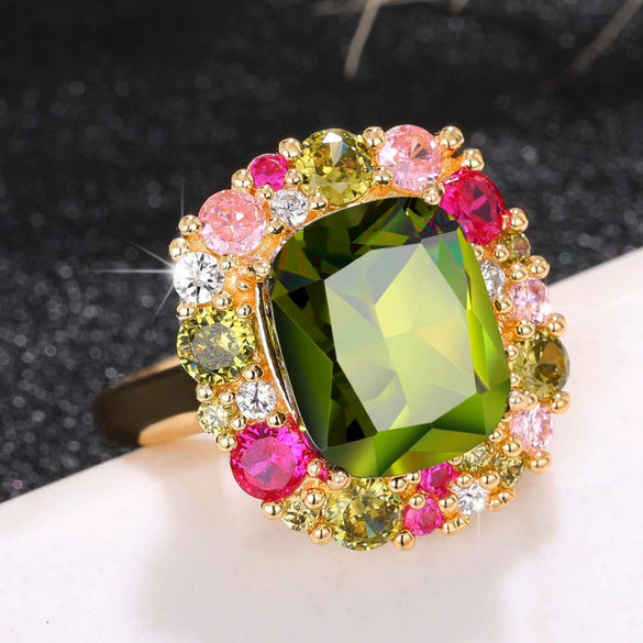 Women's Copper Square Vintage Ring With Geometric Pattern And Zircon Design