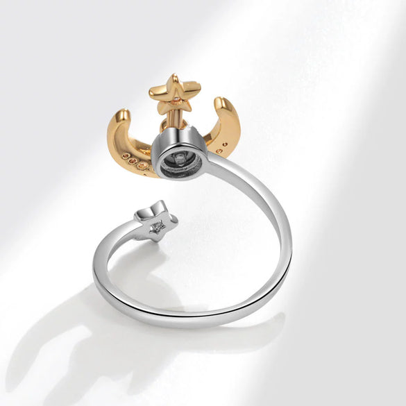 Women's Copper Star And Moon Open Ring With Geometric Pattern And Electroplating Treatment