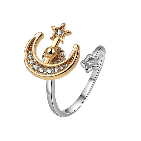Women's Copper Star And Moon Open Ring With Geometric Pattern And Electroplating Treatment