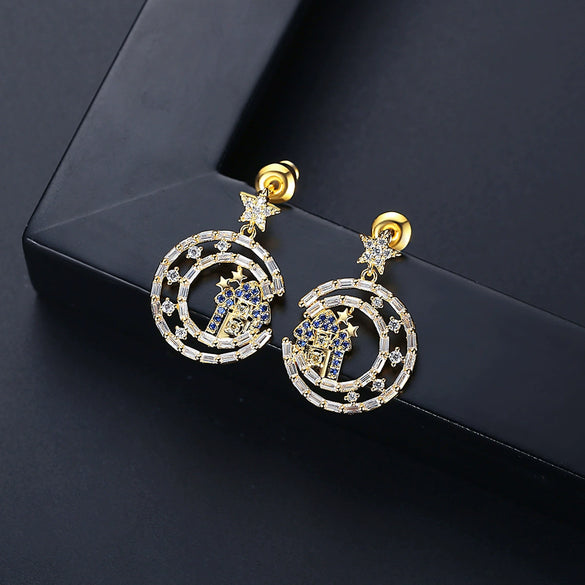 Women's Copper Star Earrings With Zircon Inlay And Electroplated Finish Elegant Fashion Jewelry