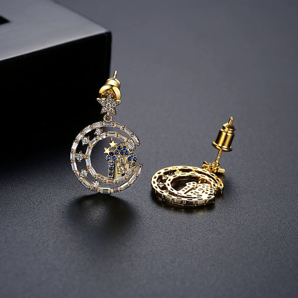 Women's Copper Star Earrings With Zircon Inlay And Electroplated Finish Elegant Fashion Jewelry