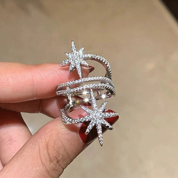 Women's Copper Star Ring With Zirconia Micro Inlay Layered Geometric Design And Distinctive Fashion Jewelry Style