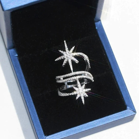 Women's Copper Star Ring With Zirconia Micro Inlay Layered Geometric Design And Distinctive Fashion Jewelry Style