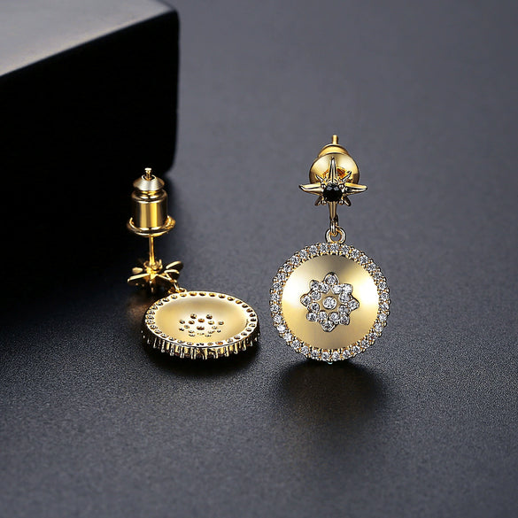 Women's Copper Star Stud Earrings With Black Zircon Accents And Gold Plated Finish Fashion Elegant Jewelry