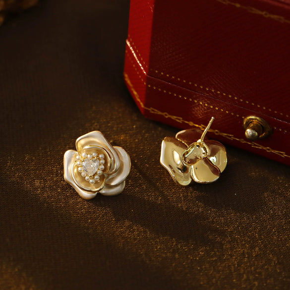 Women's Copper Threedimensional Geometric Camellia Enamel Electroplated Earrings With Pearl Stamen