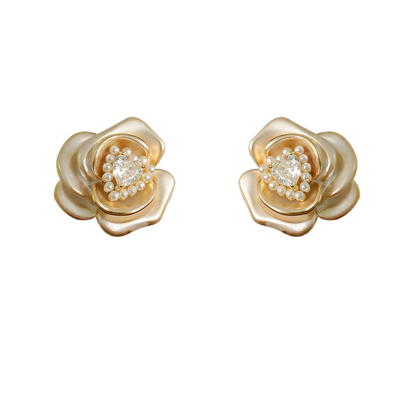 Women's Copper Threedimensional Geometric Camellia Enamel Electroplated Earrings With Pearl Stamen