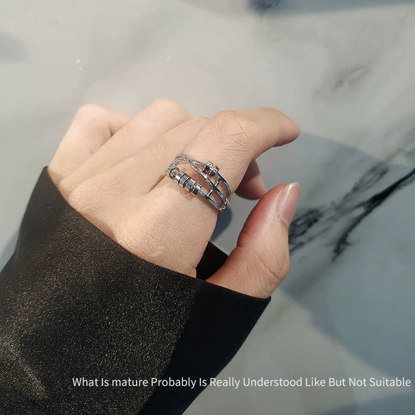 Women's Copper Threering Rotating Ring With Geometric Pattern And Electroplating Treatment