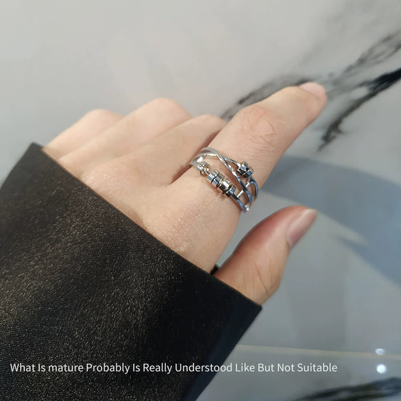 Women's Copper Threering Rotating Ring With Geometric Pattern And Electroplating Treatment