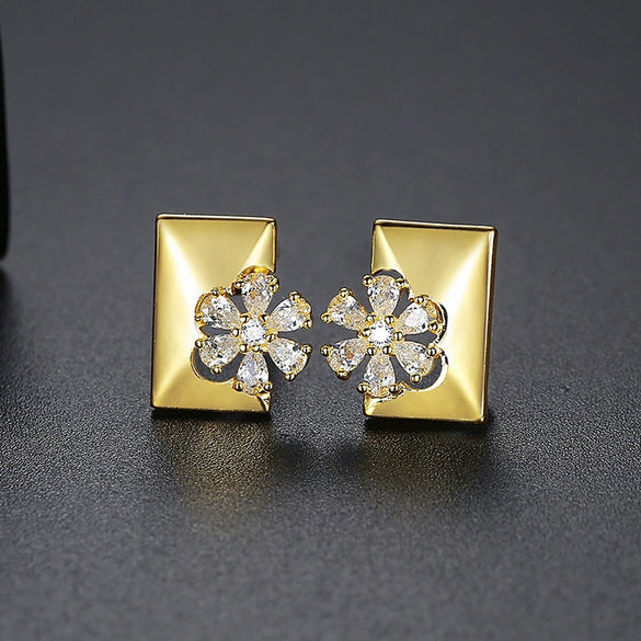 Women's Copper Water Drop Flower Earrings With Zircon Inlay And Electroplated Finish Fashion Jewelry Wholesale