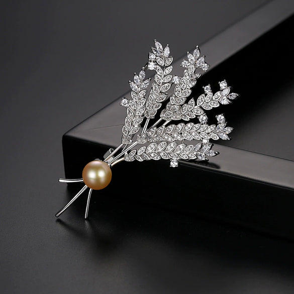 Women's Copper Wheat Ear Flower Brooch With Pearl Detail Electroplated Minimalist Floral Corsage Jewelry Accessory