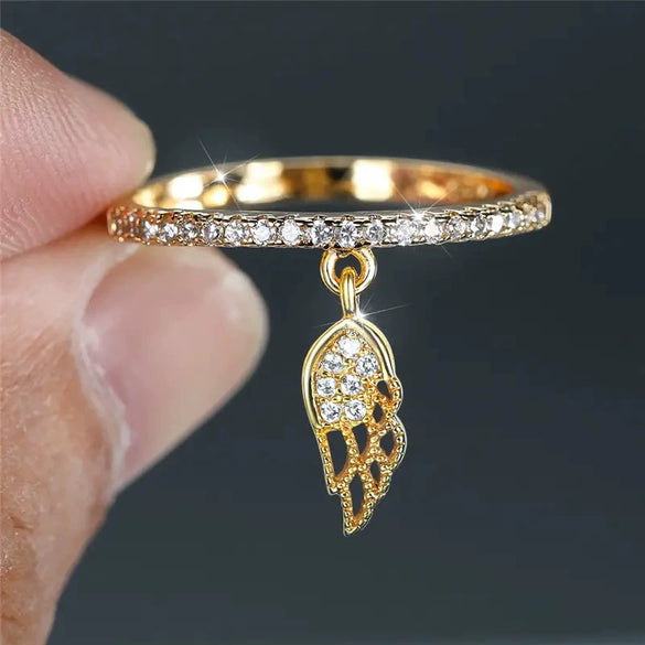 Women's Copper Wing Feather Ring Inlaid With Zircon Geometric Style Jewelry