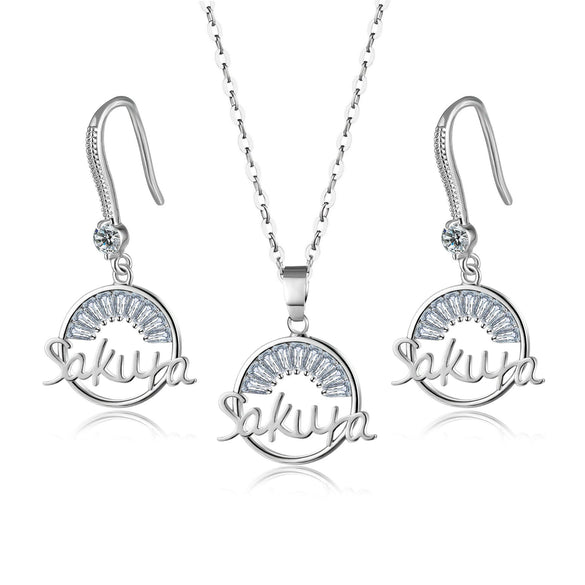 Women's Copper Zircon Alphabet Pendant Necklace And Earrings Set With Round Letter Chain Design Micro Inlay Jewelry