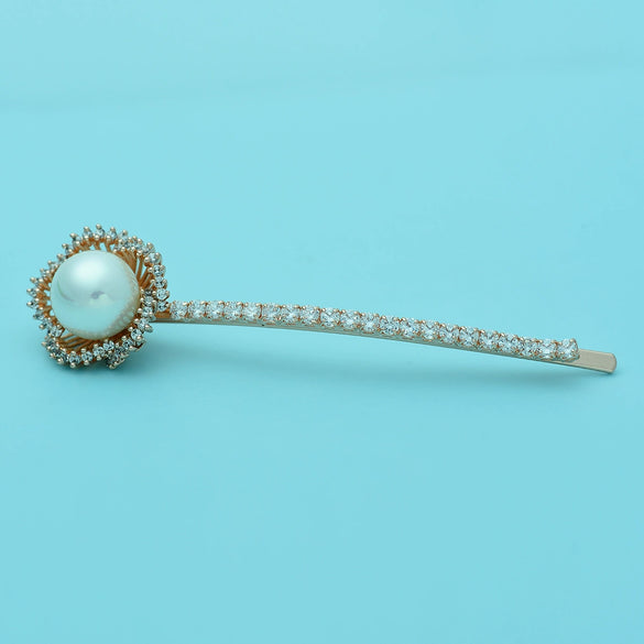 Women's Copper Zircon Big Pearl Flower Side Clip Hairpin Elegant Fashion Hair Accessory