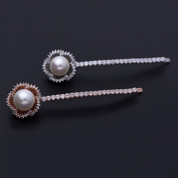 Women's Copper Zircon Big Pearl Flower Side Clip Hairpin Elegant Fashion Hair Accessory