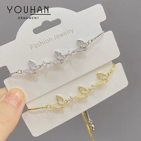 Women's Copper Zircon Butterfly Bracelet With Geometric Design Electroplated Finish And Adjustable Pull Closure