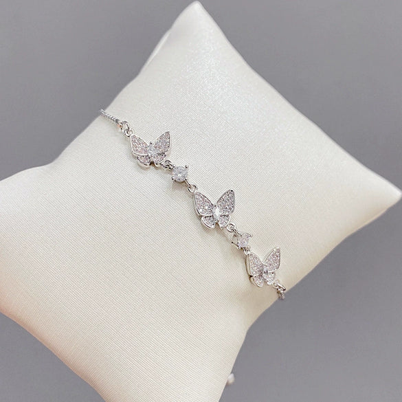 Women's Copper Zircon Butterfly Bracelet With Geometric Design Electroplated Finish And Adjustable Pull Closure