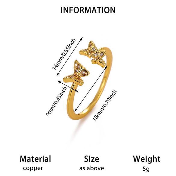 Women's Copper Zircon Butterfly Open Ring With Cute Animal Design And Gold Plated Finish Wholesale Fashion Jewelry