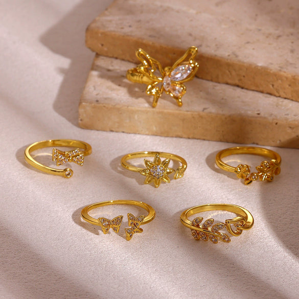 Women's Copper Zircon Butterfly Open Ring With Cute Animal Design And Gold Plated Finish Wholesale Fashion Jewelry