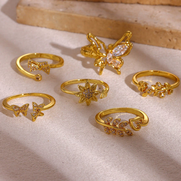 Women's Copper Zircon Butterfly Open Ring With Cute Animal Design And Gold Plated Finish Wholesale Fashion Jewelry
